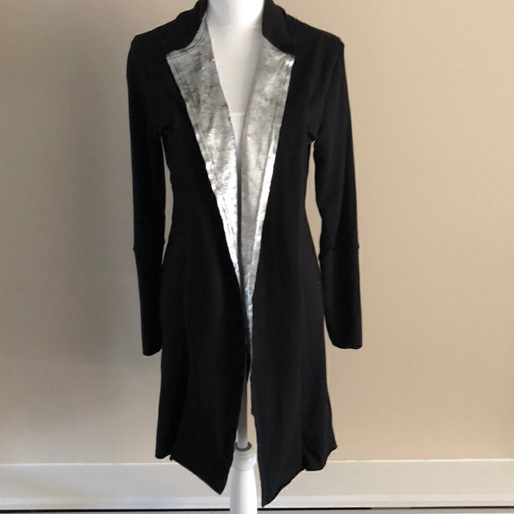 Terez Black & Silver Velvet Lapel Duster Long Sweatshirt/Jacket